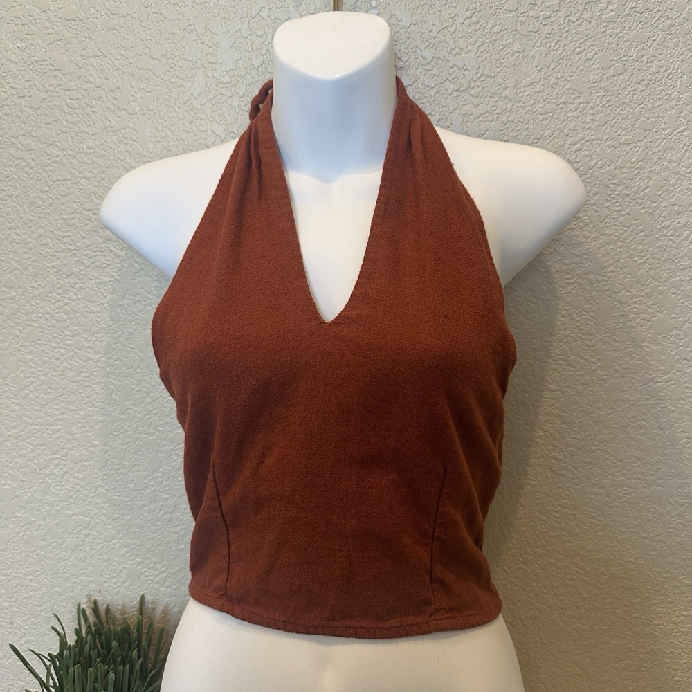 Abercrombie & Fitch Women's Halter Top Smocked Back Size Small Linen Burnt Orang